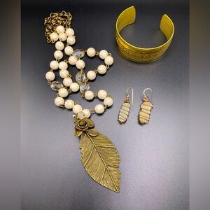 Beaded Boho 18” Necklace-Vintage Brass Copper Bangle + Earrings Bundle Deal
